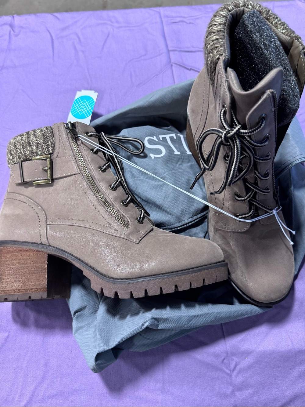 Women's Taupe Lace-Up Ankle Boots with Knit Cuff - (Brand)